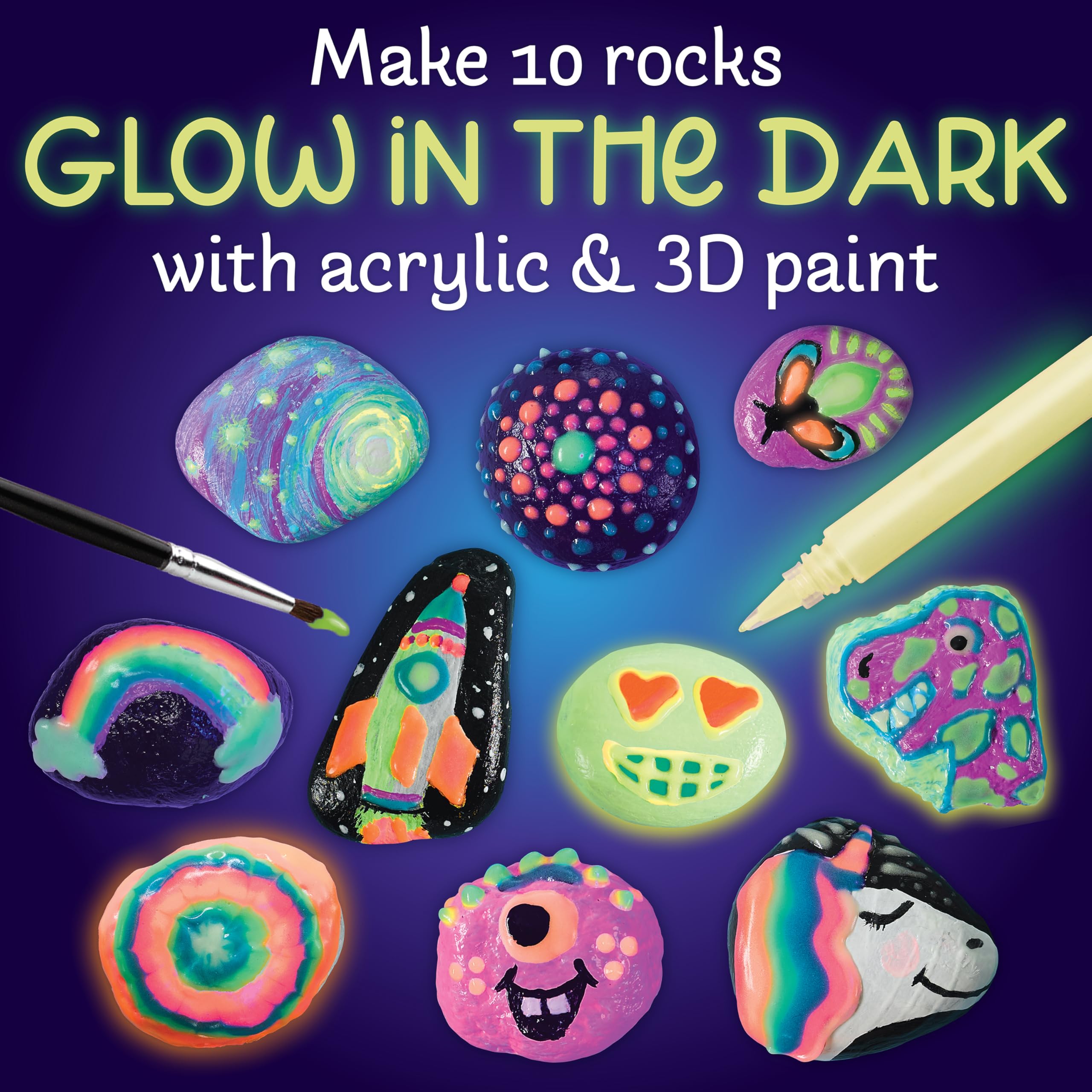Glow-in-the-Dark Rock Painting Kit for Kids - 10 Rocks, Paints & Transfers