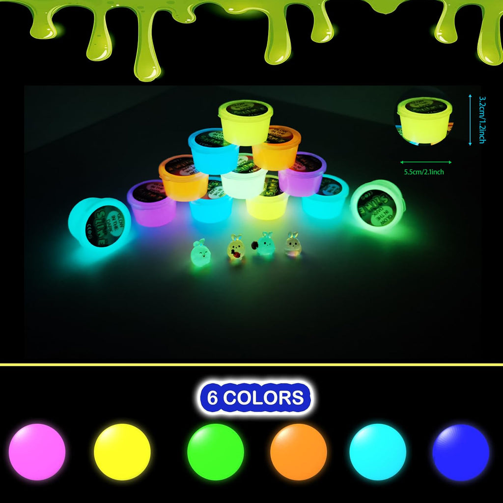 Glow in the Dark Slime Kit 12 Pcs – Neon Colors, Non-Sticky, Mess-Free with Rabbit Charms for Kids