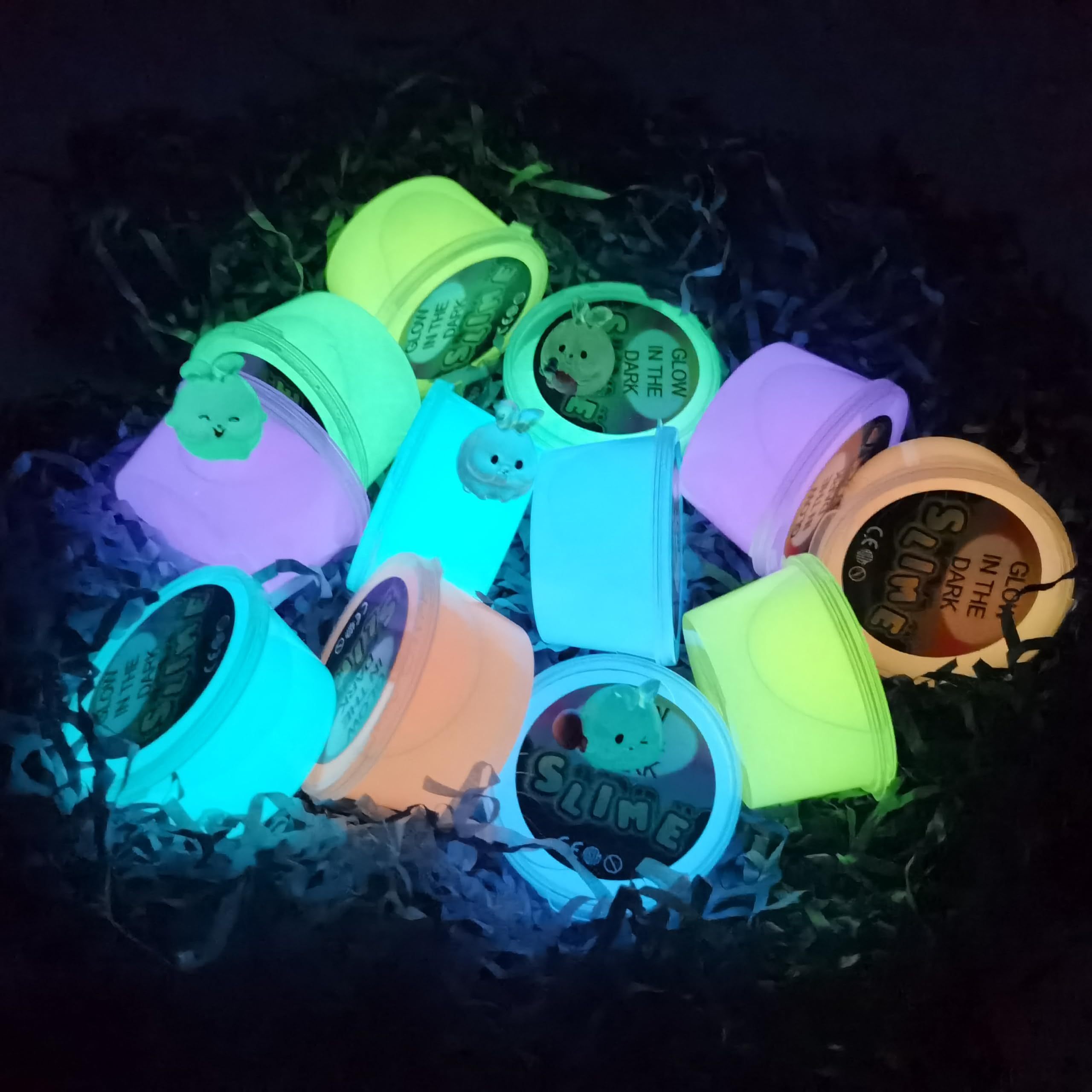 Glow in the Dark Slime Kit 12 Pcs – Neon Colors, Non-Sticky, Mess-Free with Rabbit Charms for Kids
