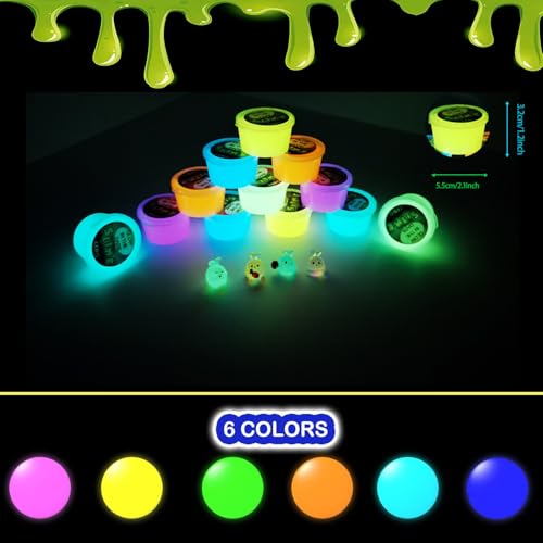 Glow in the Dark Slime Kit 12 Pcs – Neon Colors, Non-Sticky, Mess-Free with Rabbit Charms for Kids