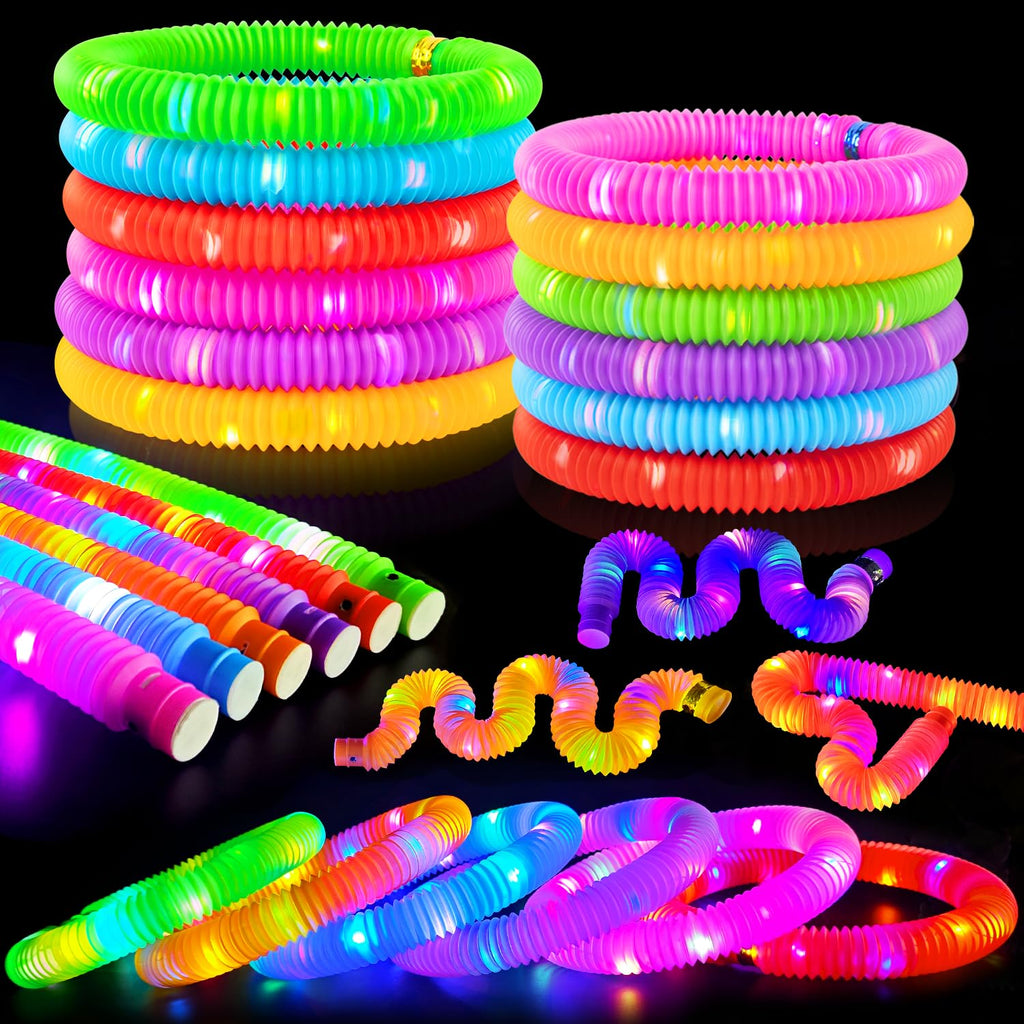 Glow Sticks 4th of July Party Favors for Kids 12-Pack with Fidget Pop Tubes - Neon Bracelets & Necklaces for Birthday, Camping, Dance
