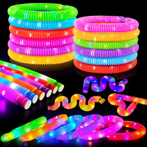 Glow Sticks 4th of July Party Favors for Kids 12-Pack with Fidget Pop Tubes - Neon Bracelets & Necklaces for Birthday, Camping, Dance