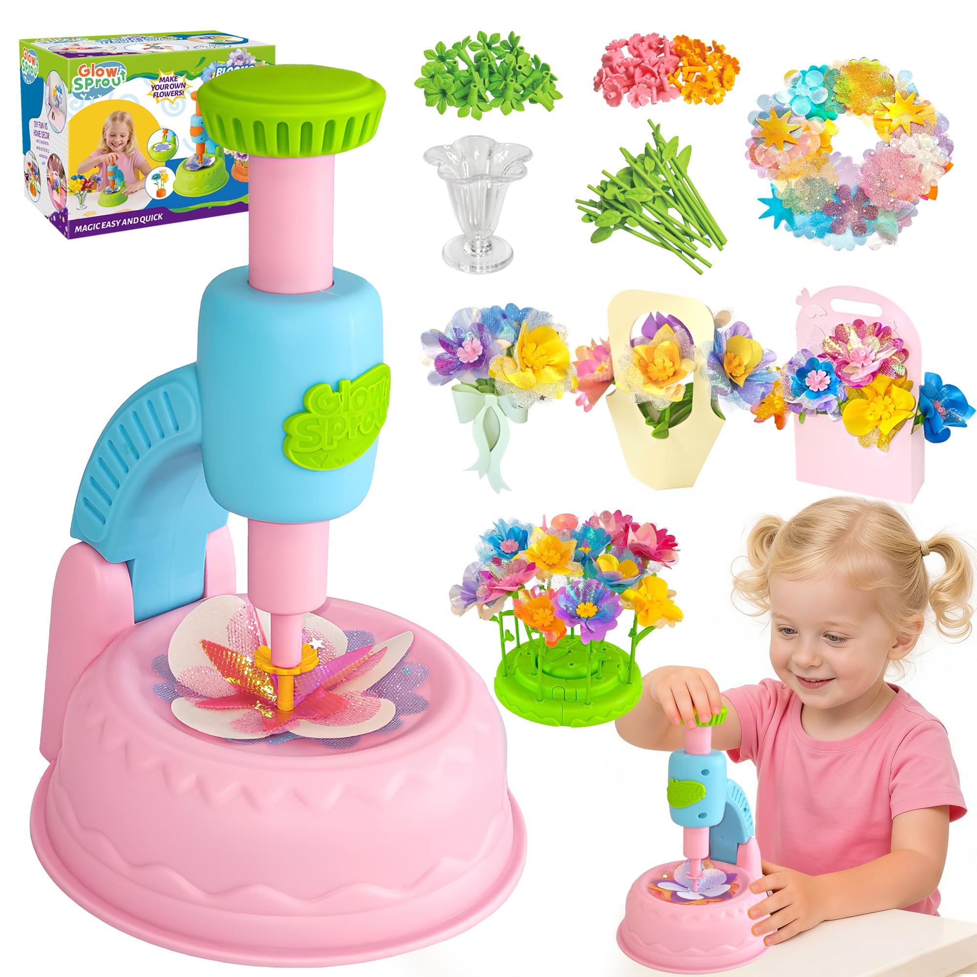 Glowsprout DIY Flower Garden Building Toy - 190+ Pieces Arts and Crafts Kit for Kids Ages 4-10, Pink
