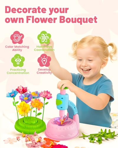 Glowsprout DIY Flower Garden Building Toy - 190+ Pieces Arts and Crafts Kit for Kids Ages 4-10, Pink