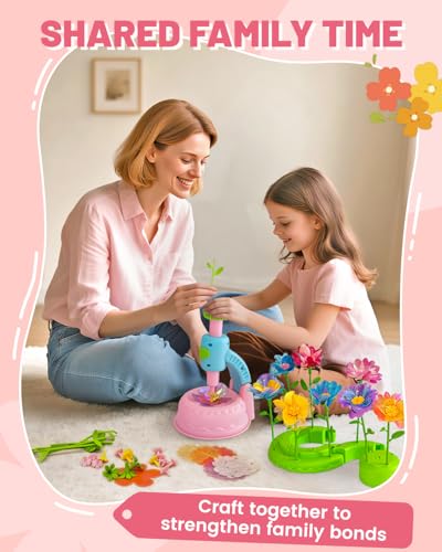 Glowsprout DIY Flower Garden Building Toy - 190+ Pieces Arts and Crafts Kit for Kids Ages 4-10, Pink