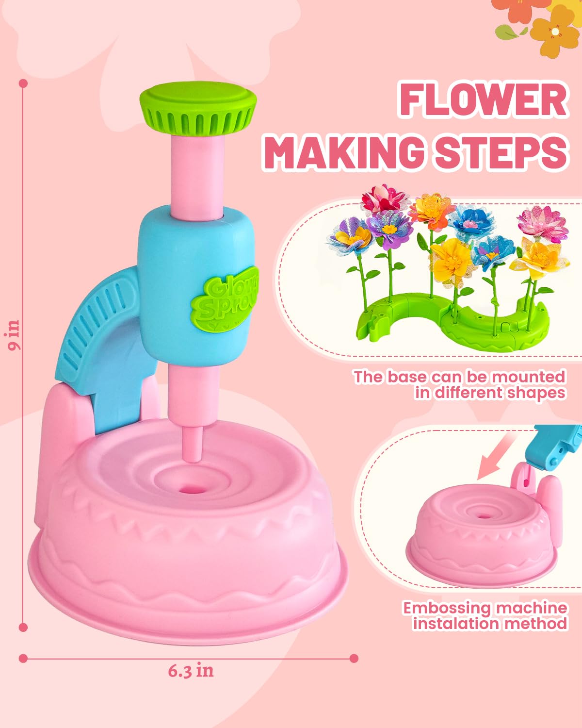 Glowsprout DIY Flower Garden Building Toy - 190+ Pieces Arts and Crafts Kit for Kids Ages 4-10, Pink