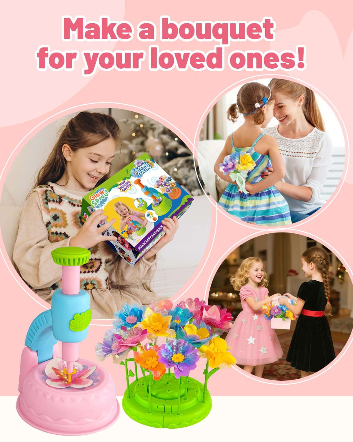 Glowsprout DIY Flower Garden Building Toy - 190+ Pieces Arts and Crafts Kit for Kids Ages 4-10, Pink