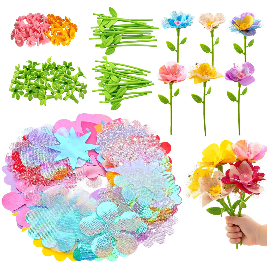 Glowsprout Fabric Flower Refill Kit - 180 Pieces for DIY Bouquets, Tulle & Organza, Ages 4-8