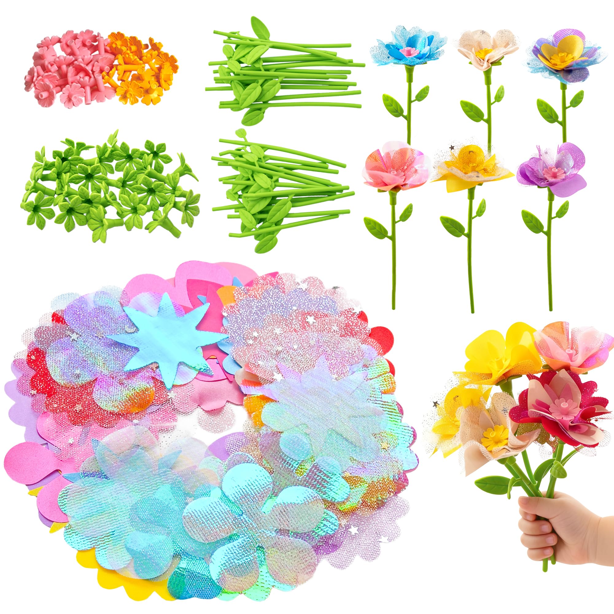Glowsprout Fabric Flower Refill Kit - 180 Pieces for DIY Bouquets, Tulle & Organza, Ages 4-8