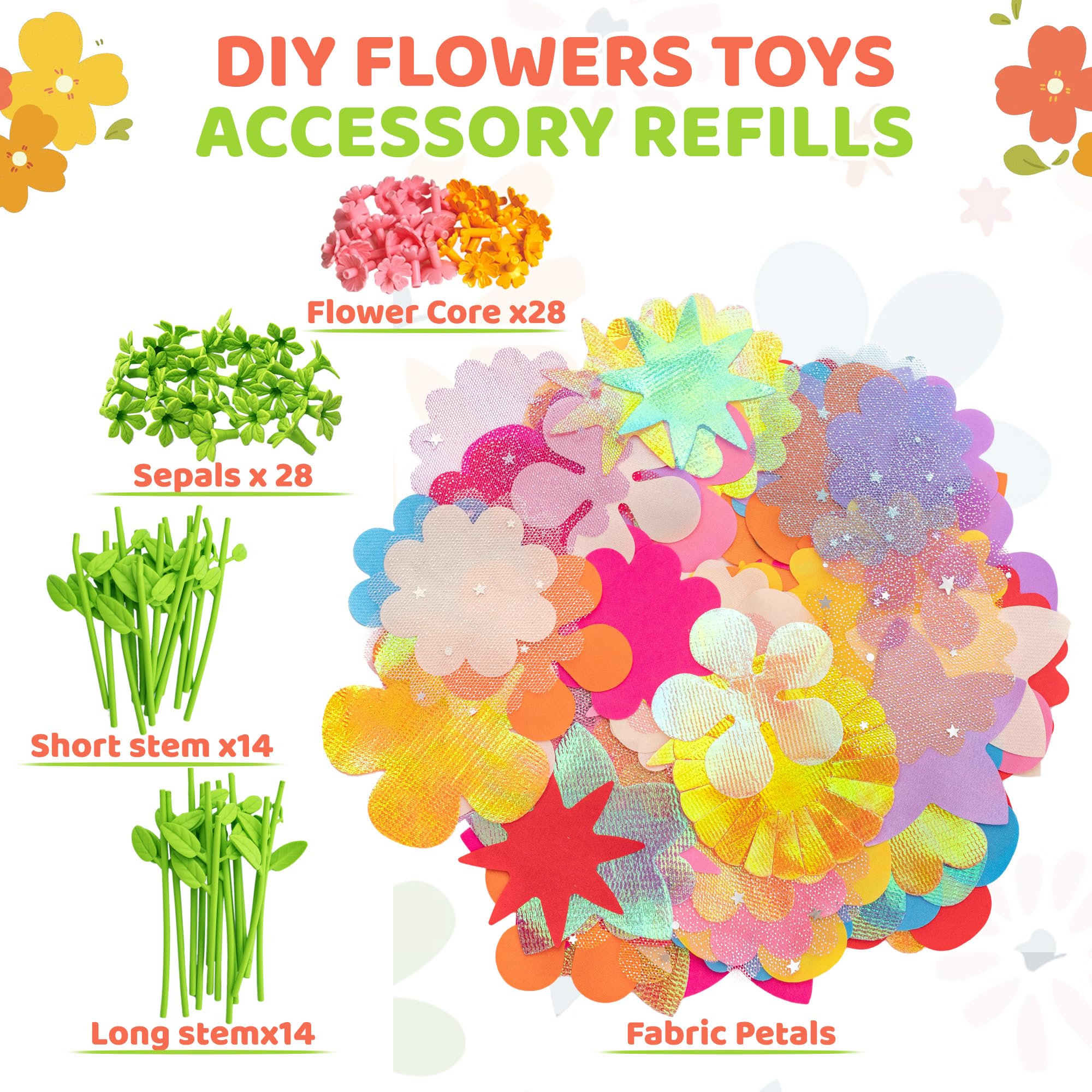 Glowsprout Fabric Flower Refill Kit - 180 Pieces for DIY Bouquets, Tulle & Organza, Ages 4-8