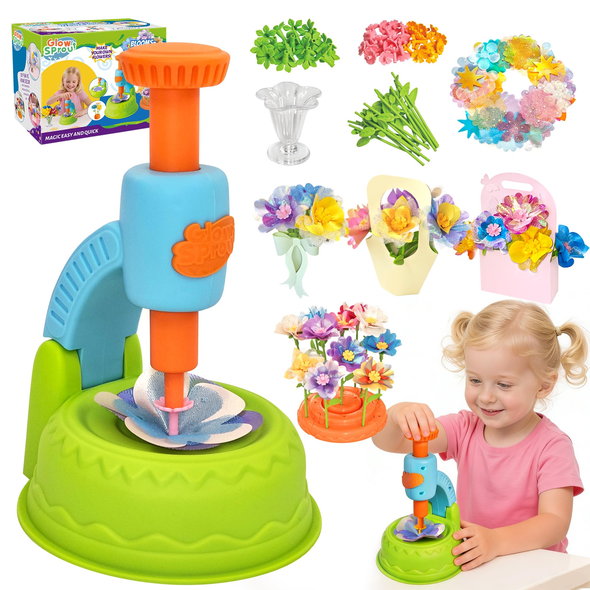 Glowsprout Flower Garden Building Toys for Kids - 190+ Piece DIY Arts and Crafts Kit (Blue)
