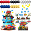 GLURUITE 40-Piece Superhero Cake Toppers - Silver Red Blue Balls for Comic Cityscape Birthday