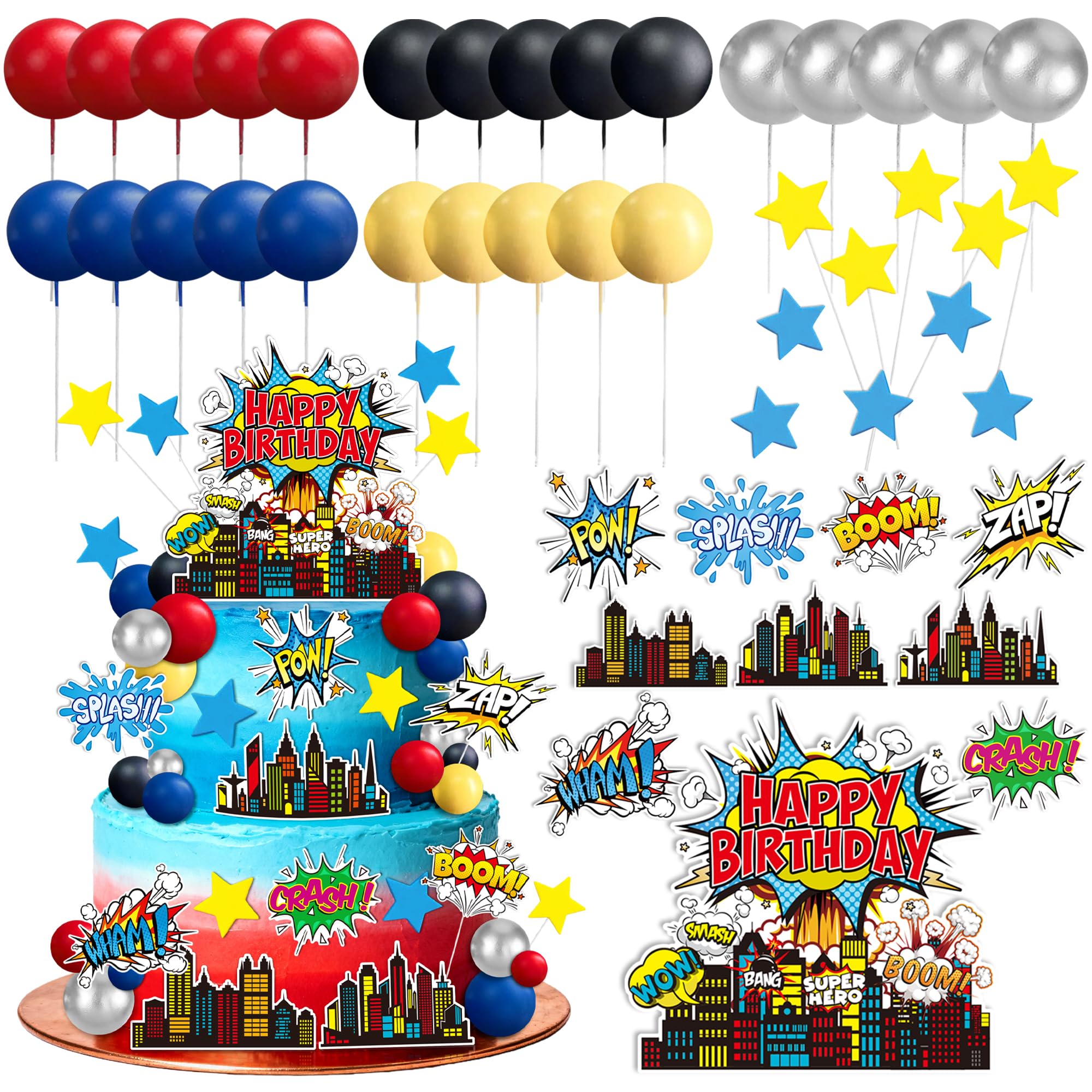 GLURUITE 40-Piece Superhero Cake Toppers - Silver Red Blue Balls for Comic Cityscape Birthday