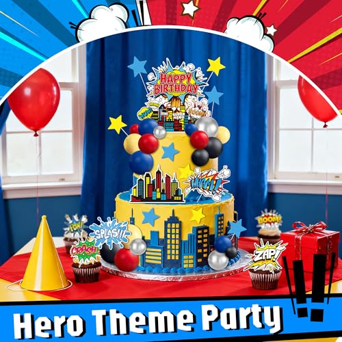 GLURUITE 40-Piece Superhero Cake Toppers - Silver Red Blue Balls for Comic Cityscape Birthday