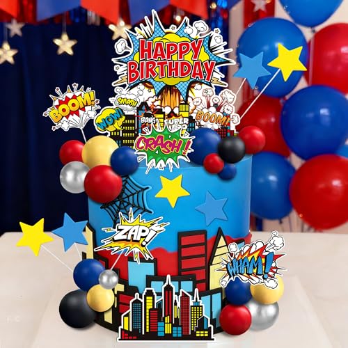 GLURUITE 40-Piece Superhero Cake Toppers - Silver Red Blue Balls for Comic Cityscape Birthday