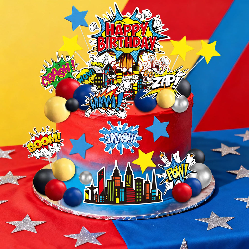 GLURUITE 40-Piece Superhero Cake Toppers - Silver Red Blue Balls for Comic Cityscape Birthday