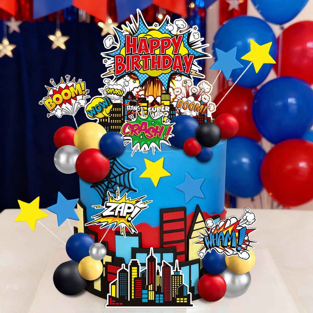 GLURUITE 40-Piece Superhero Cake Toppers - Silver Red Blue Balls for Comic Cityscape Birthday