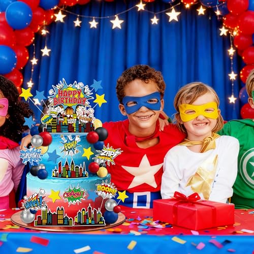 GLURUITE 40-Piece Superhero Cake Toppers - Silver Red Blue Balls for Comic Cityscape Birthday