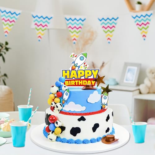 GLURUITE 57-Piece Cartoon Story Birthday Cake Toppers Set - Rocket, Cloud, Star, Cow Print Decorations
