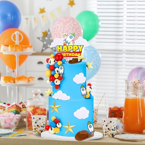 GLURUITE 57-Piece Cartoon Story Birthday Cake Toppers Set - Rocket, Cloud, Star, Cow Print Decorations