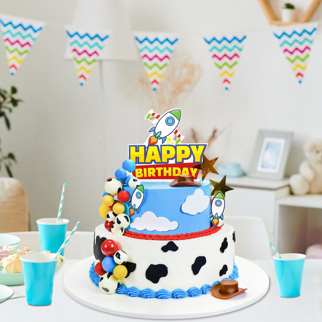 GLURUITE 57-Piece Cartoon Story Birthday Cake Toppers Set - Rocket, Cloud, Star, Cow Print Decorations