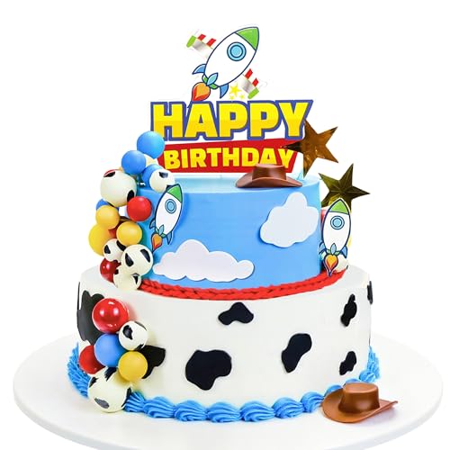 GLURUITE 57-Piece Cartoon Story Birthday Cake Toppers Set - Rocket, Cloud, Star, Cow Print Decorations