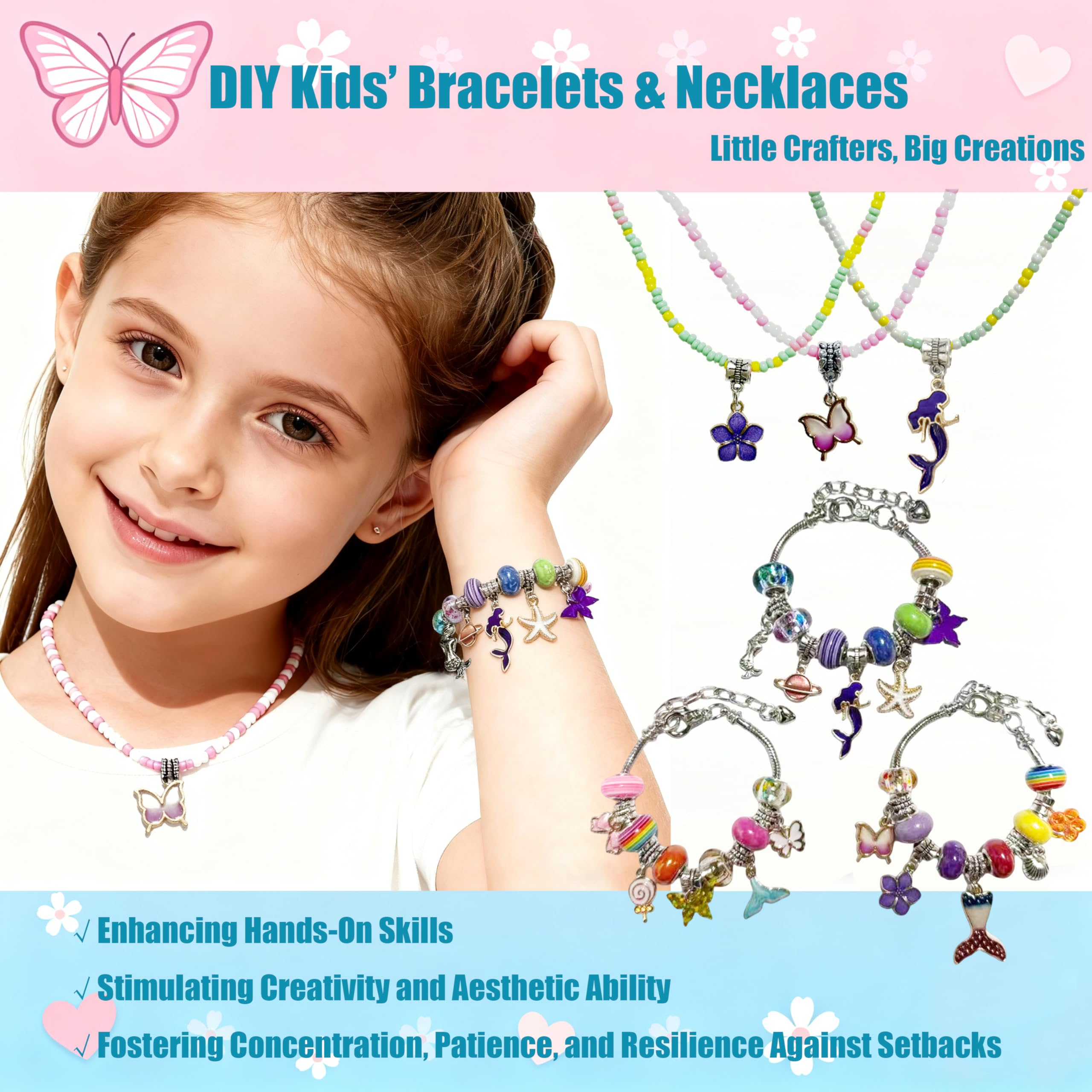 GO2HEJING 278-Piece Ocean Charm Bracelet Making Kit for Girls 8-12 – Includes Necklace, Ear Cuff, Temporary Tattoos, and Mermaid Craft Supplies