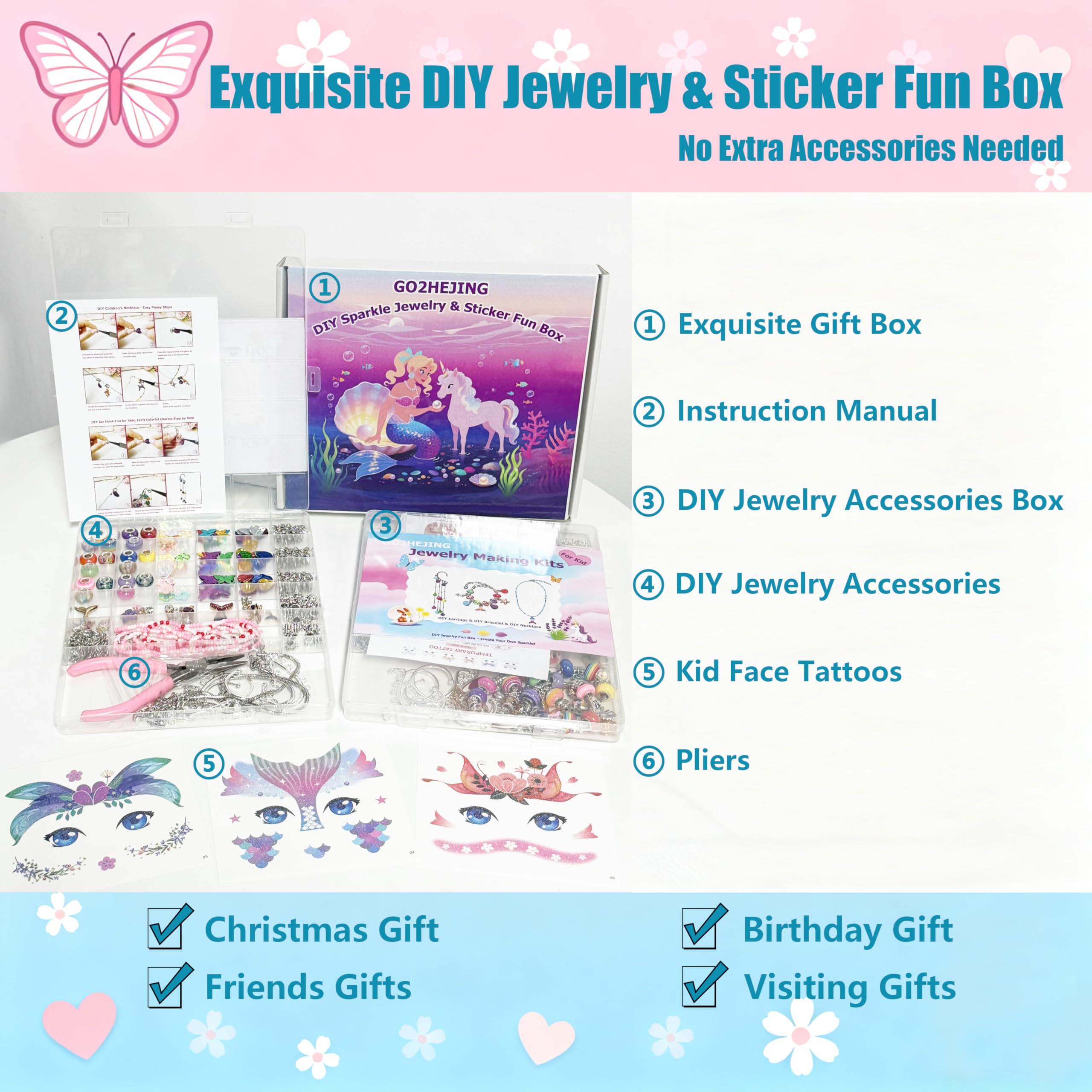 GO2HEJING 278-Piece Ocean Charm Bracelet Making Kit for Girls 8-12 – Includes Necklace, Ear Cuff, Temporary Tattoos, and Mermaid Craft Supplies