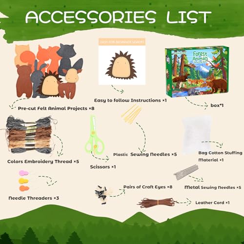 GOASION Woodland Animal Sewing Kit for Kids – Pre-Punched Felt Crafts, Beginner Sewing Set for Ages 8-12, DIY Backpack Charms and Ornaments