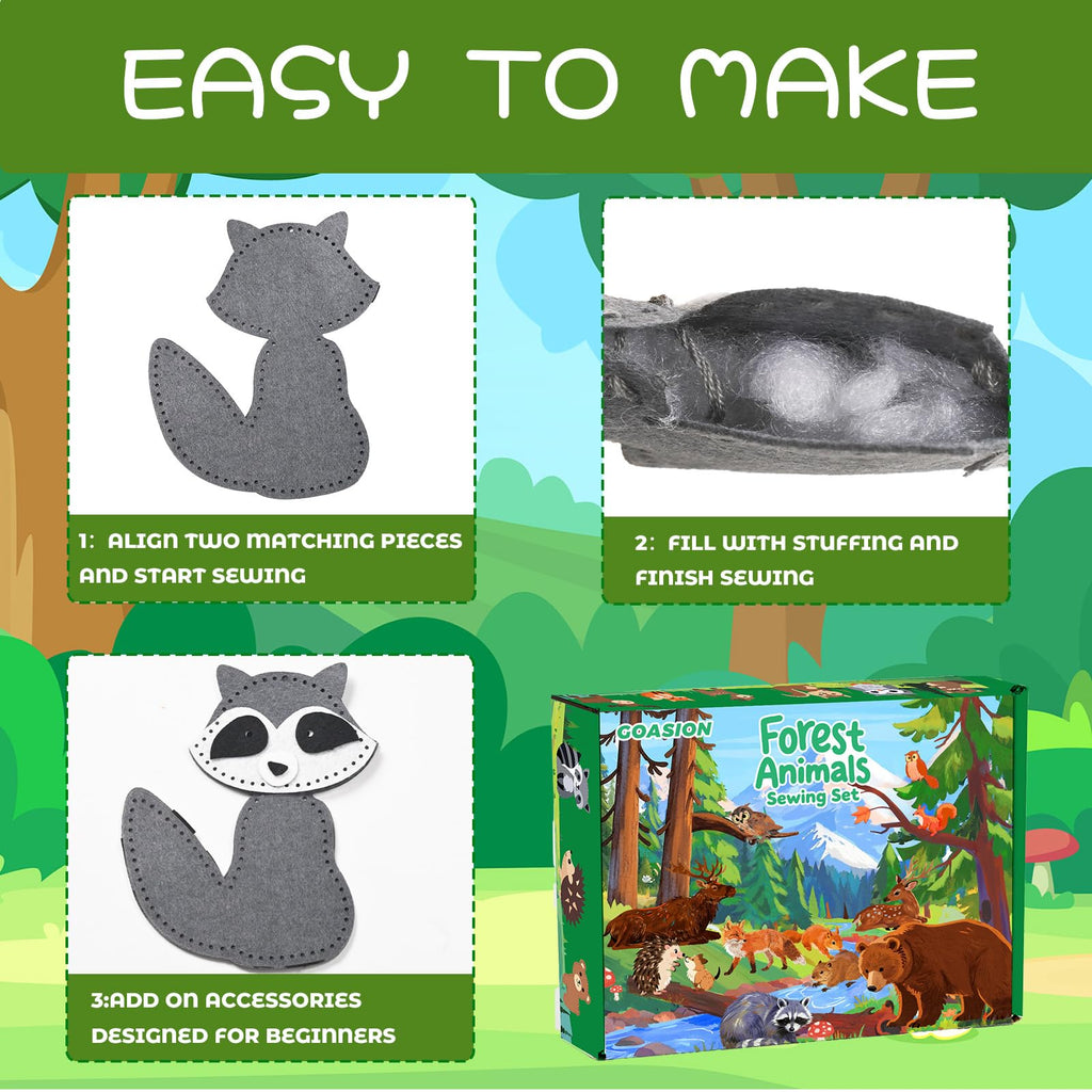 GOASION Woodland Animal Sewing Kit for Kids – Pre-Punched Felt Crafts, Beginner Sewing Set for Ages 8-12, DIY Backpack Charms and Ornaments