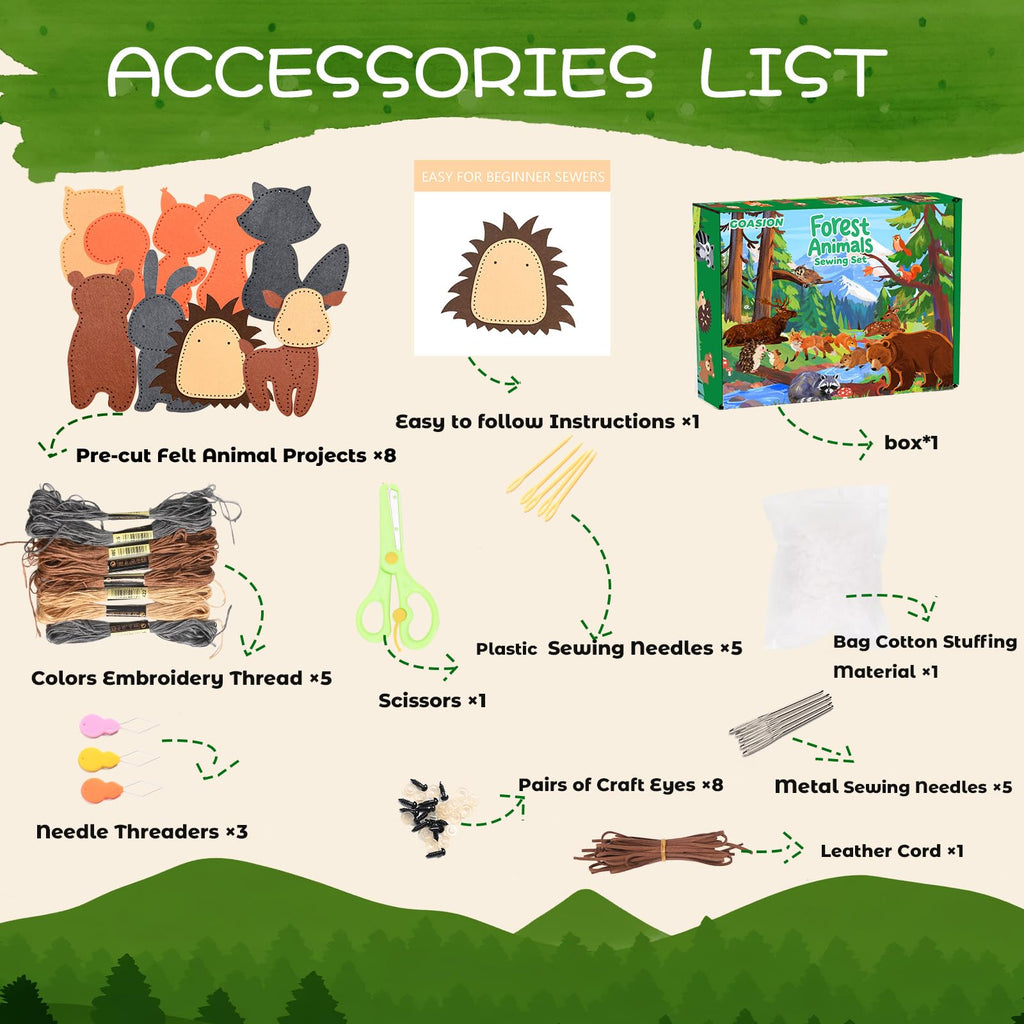 GOASION Woodland Animal Sewing Kit for Kids – Pre-Punched Felt Crafts, Beginner Sewing Set for Ages 8-12, DIY Backpack Charms and Ornaments