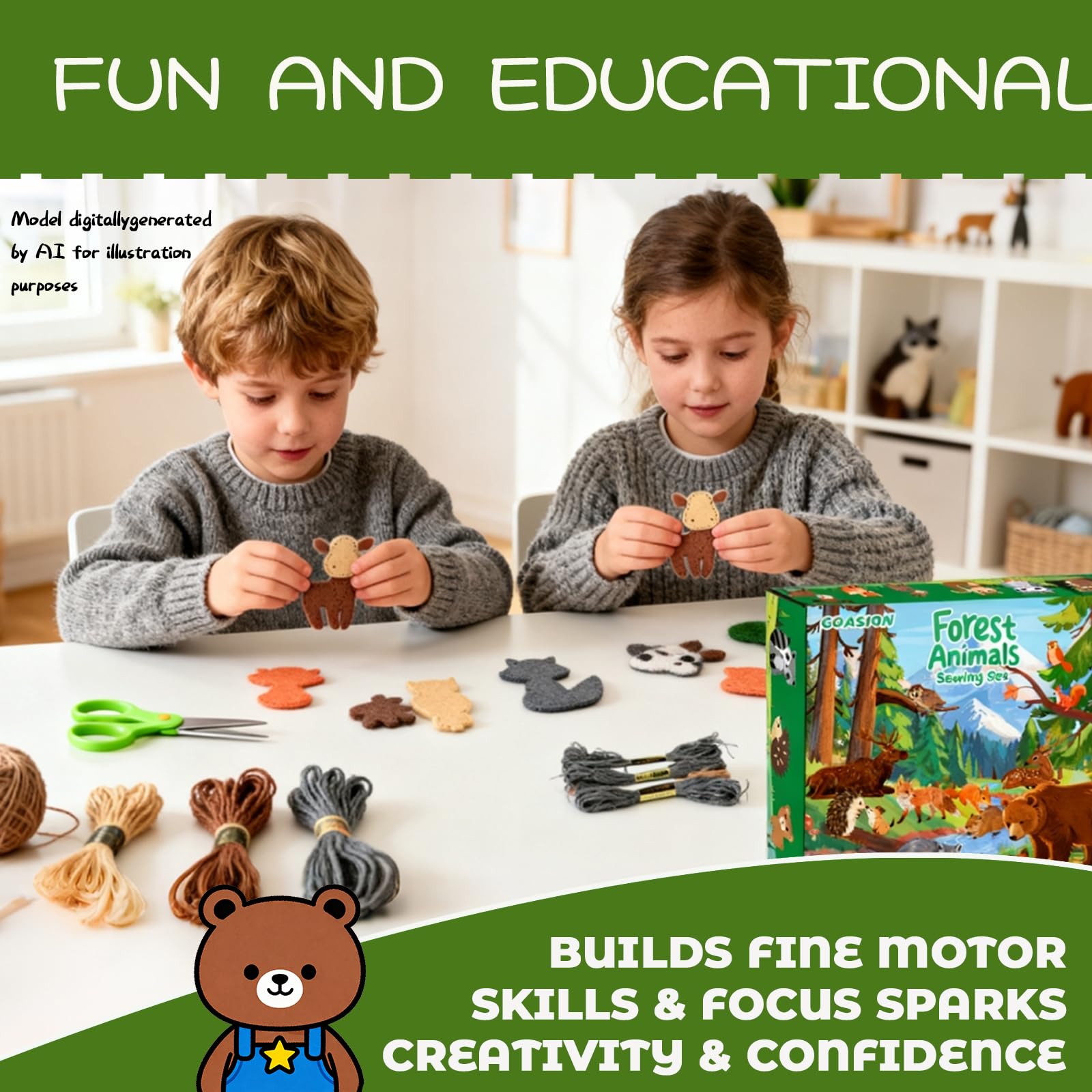 GOASION Woodland Animal Sewing Kit for Kids – Pre-Punched Felt Crafts, Beginner Sewing Set for Ages 8-12, DIY Backpack Charms and Ornaments