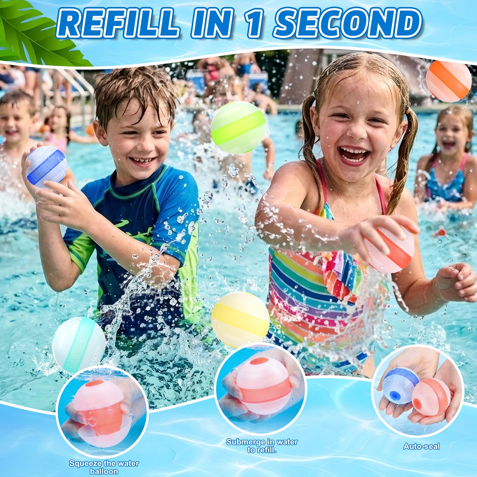 GoBene 6-Pack Reusable Water Balloons – Self-Sealing Silicone, Non-Magnetic, Quick Fill, Pool & Beach Toys for Kids Ages 3-12