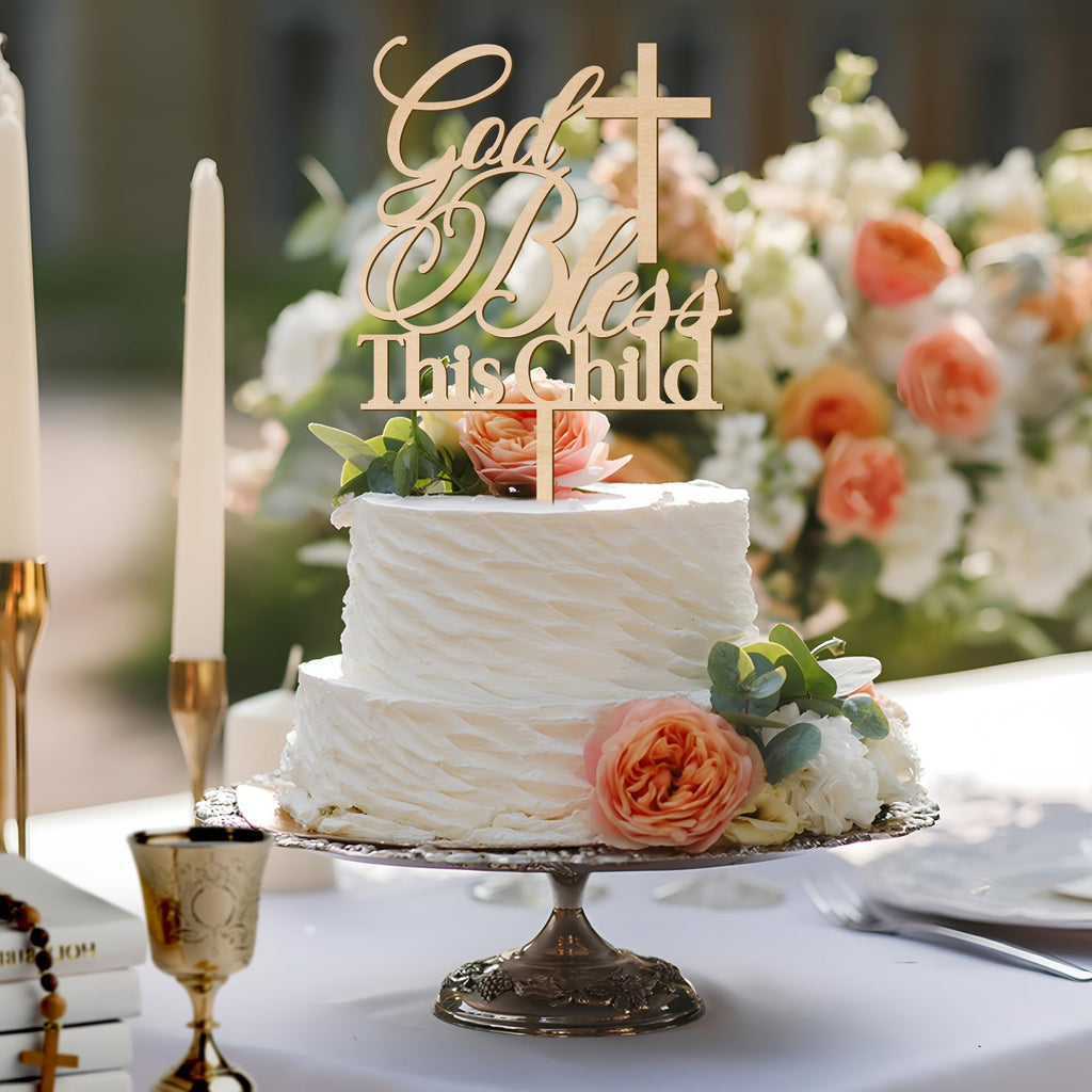 God Bless This Child Baptism Cake Topper – Wooden Design 002 by Party to Be