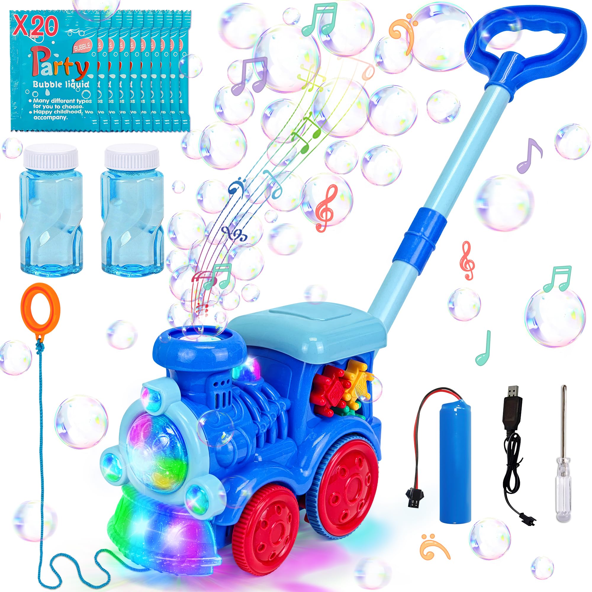 Goenb Bubble Music Train Mower with Lights and 20 Refills - Indoor/Outdoor Push Bubble Blower for Kids