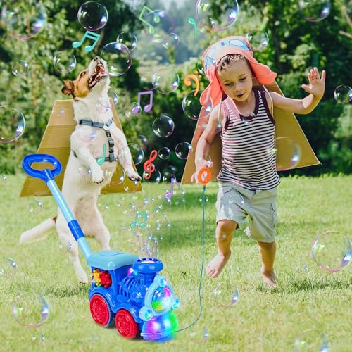 Goenb Bubble Music Train Mower with Lights and 20 Refills - Indoor/Outdoor Push Bubble Blower for Kids