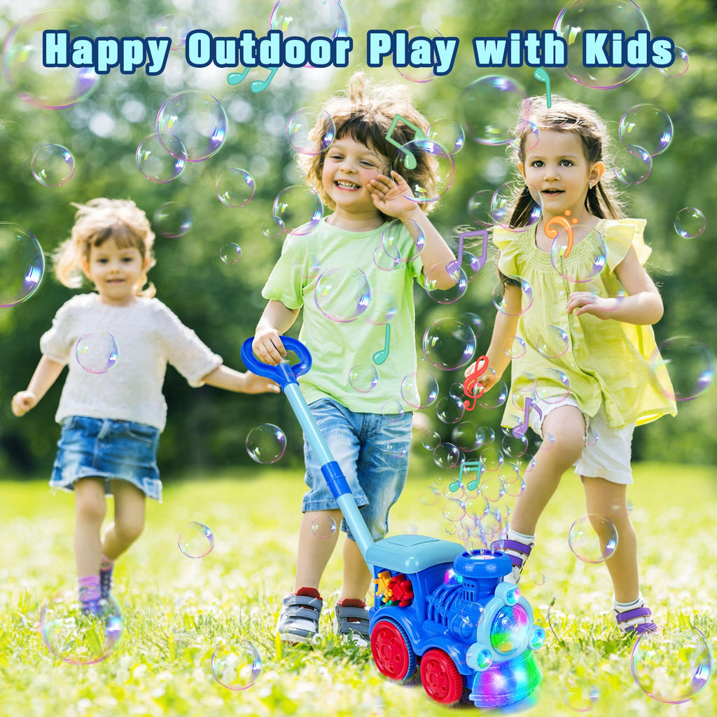 Goenb Bubble Music Train Mower with Lights and 20 Refills - Indoor/Outdoor Push Bubble Blower for Kids