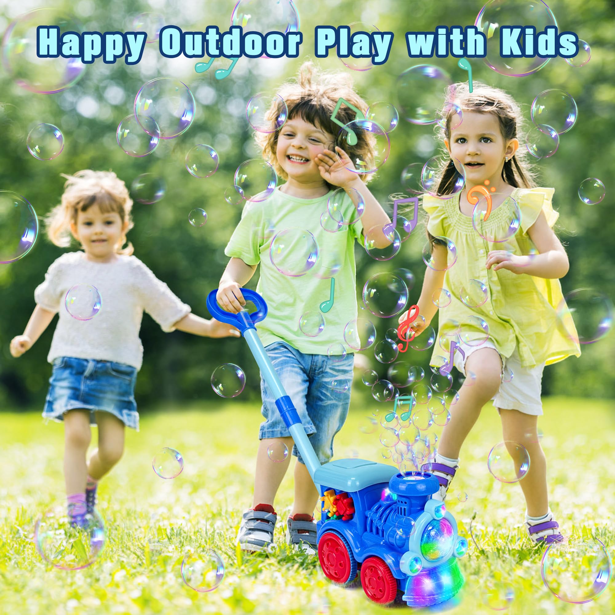 Goenb Bubble Music Train Mower with Lights and 20 Refills - Indoor/Outdoor Push Bubble Blower for Kids