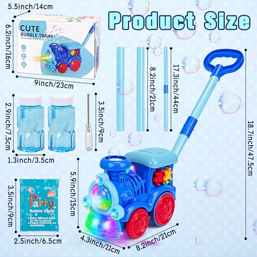 Goenb Bubble Music Train Mower with Lights and 20 Refills - Indoor/Outdoor Push Bubble Blower for Kids