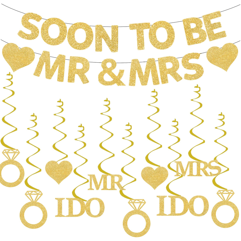 GOGCIAO Mr & Mrs Engagement Banner with Diamond Ring Swirls – 8.2ft Pre-Assembled Gold Decor