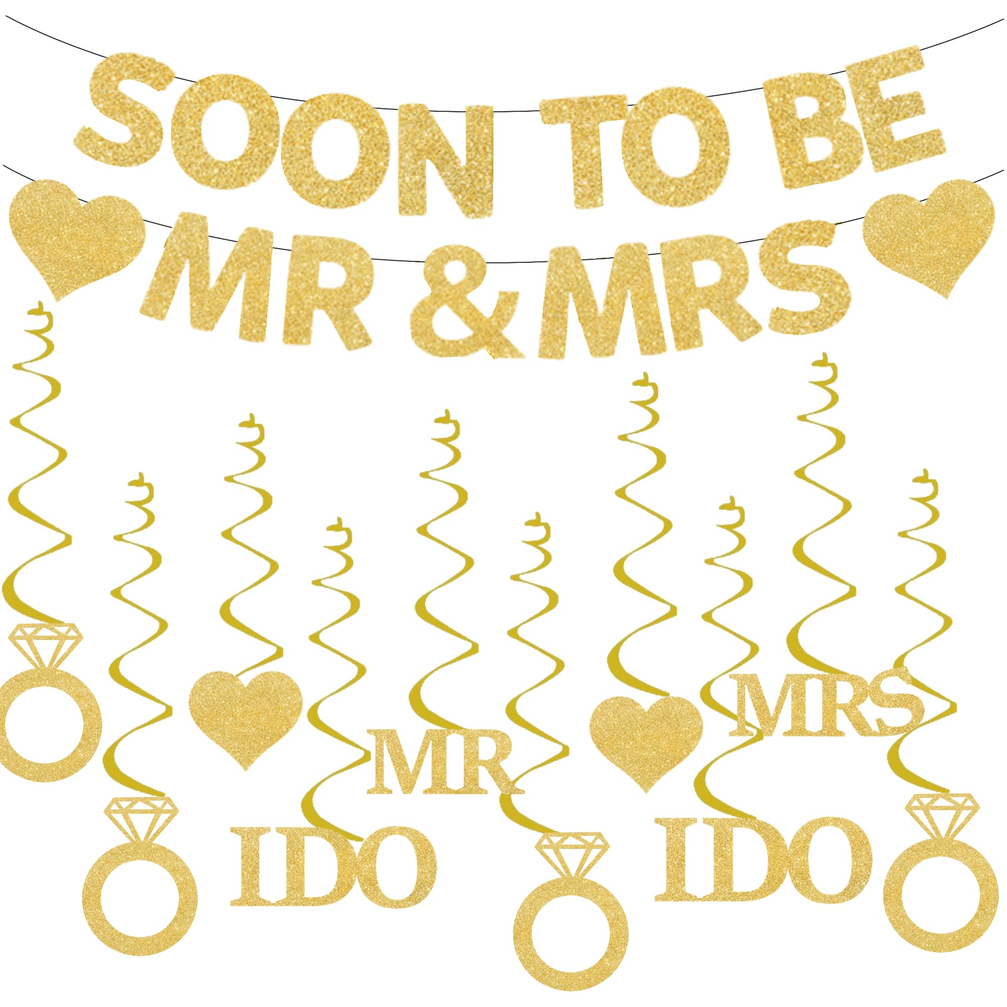 GOGCIAO Mr & Mrs Engagement Banner with Diamond Ring Swirls – 8.2ft Pre-Assembled Gold Decor