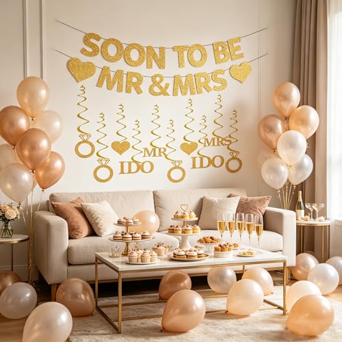 GOGCIAO Mr & Mrs Engagement Banner with Diamond Ring Swirls – 8.2ft Pre-Assembled Gold Decor