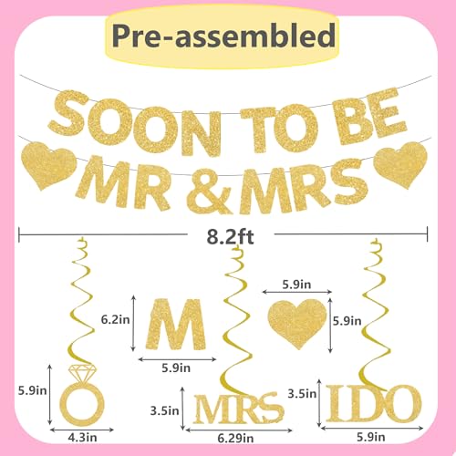 GOGCIAO Mr & Mrs Engagement Banner with Diamond Ring Swirls – 8.2ft Pre-Assembled Gold Decor