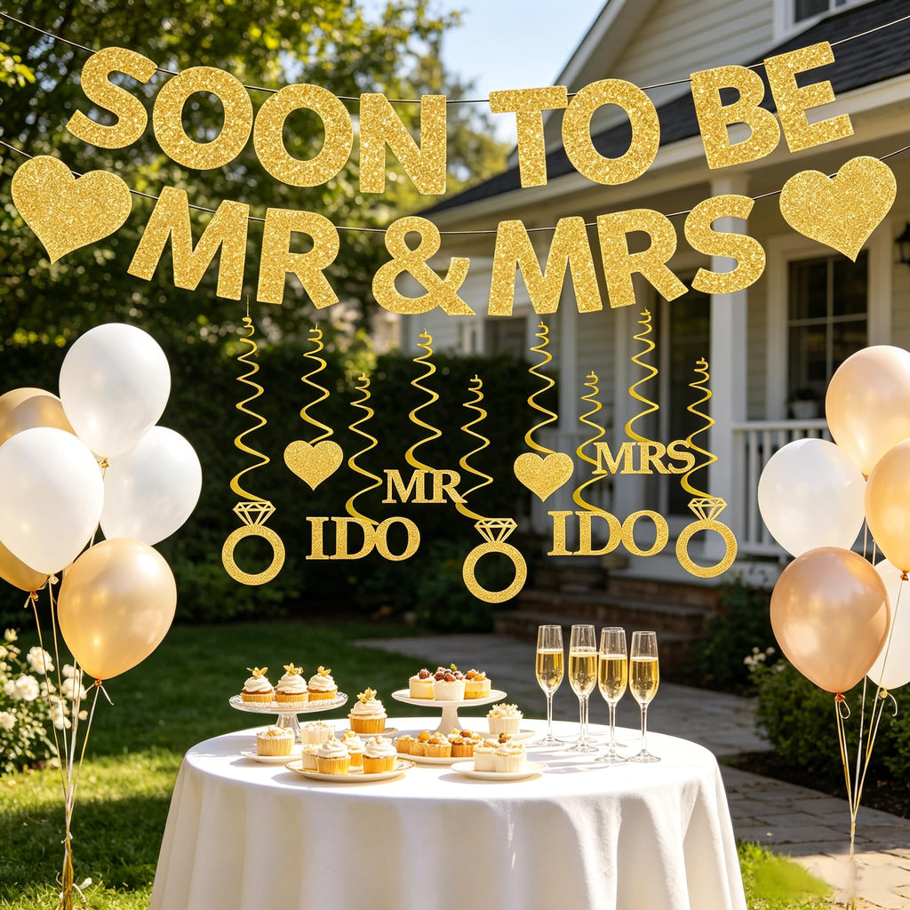 GOGCIAO Mr & Mrs Engagement Banner with Diamond Ring Swirls – 8.2ft Pre-Assembled Gold Decor