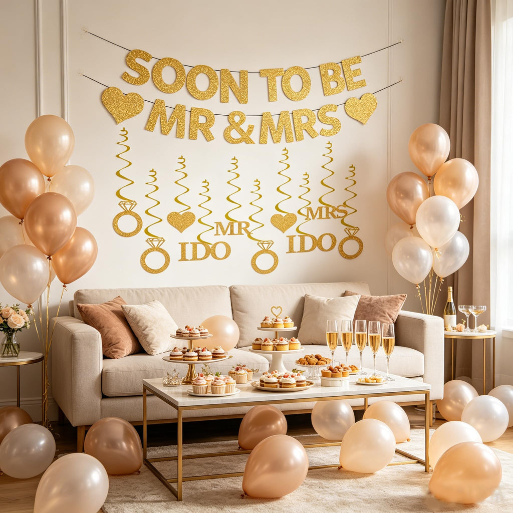 GOGCIAO Mr & Mrs Engagement Banner with Diamond Ring Swirls – 8.2ft Pre-Assembled Gold Decor