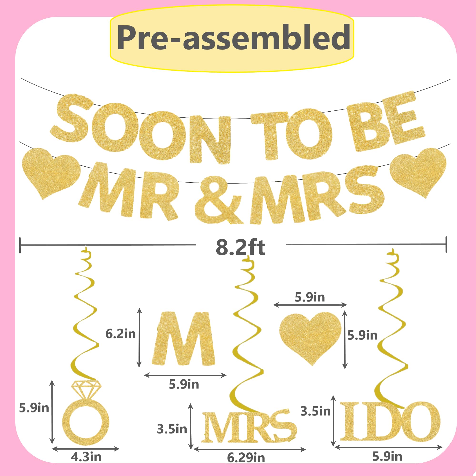 GOGCIAO Mr & Mrs Engagement Banner with Diamond Ring Swirls – 8.2ft Pre-Assembled Gold Decor