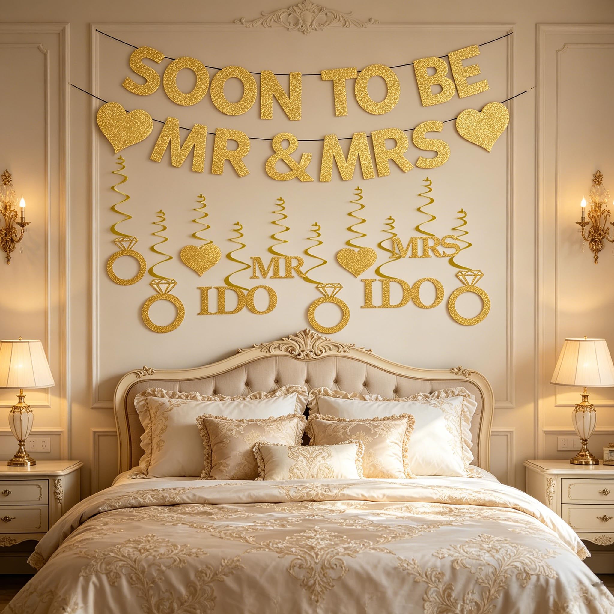 GOGCIAO Mr & Mrs Engagement Banner with Diamond Ring Swirls – 8.2ft Pre-Assembled Gold Decor