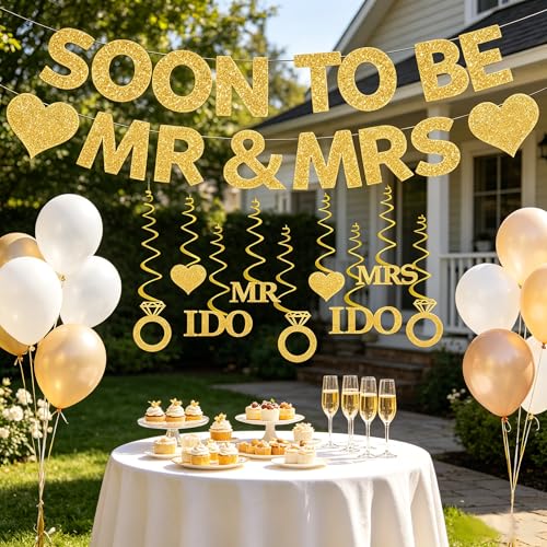 GOGCIAO Mr & Mrs Engagement Banner with Diamond Ring Swirls – 8.2ft Pre-Assembled Gold Decor