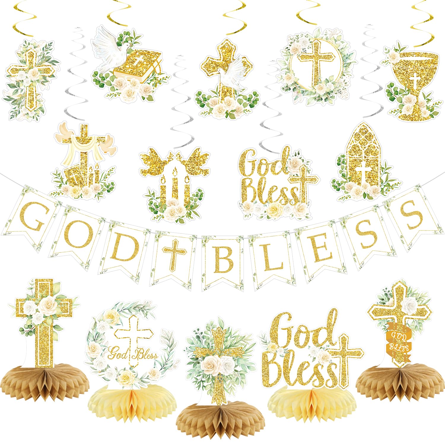 Gold Baptism Party Decorations Set – Glitter Banner, Swirls & Honeycomb Centerpieces by LANGASQUE