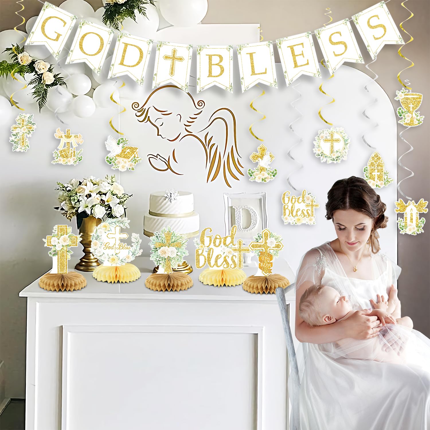 Gold Baptism Party Decorations Set – Glitter Banner, Swirls & Honeycomb Centerpieces by LANGASQUE